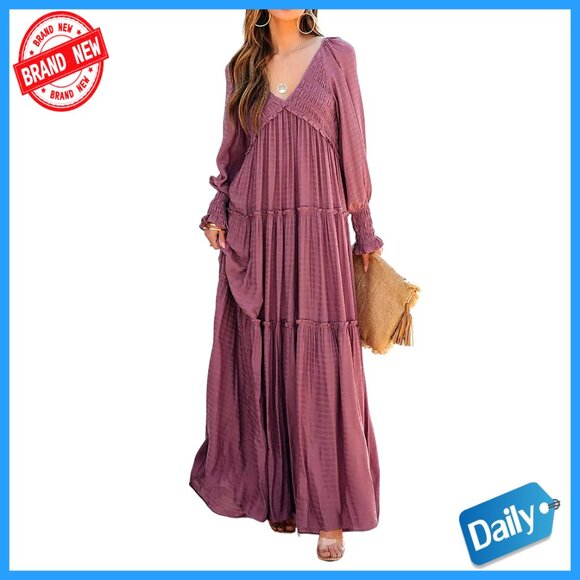 Long Sleeve V Neck Maxi Dress Empire Waist Flowy Boho Casual - Picture 1 of 7
